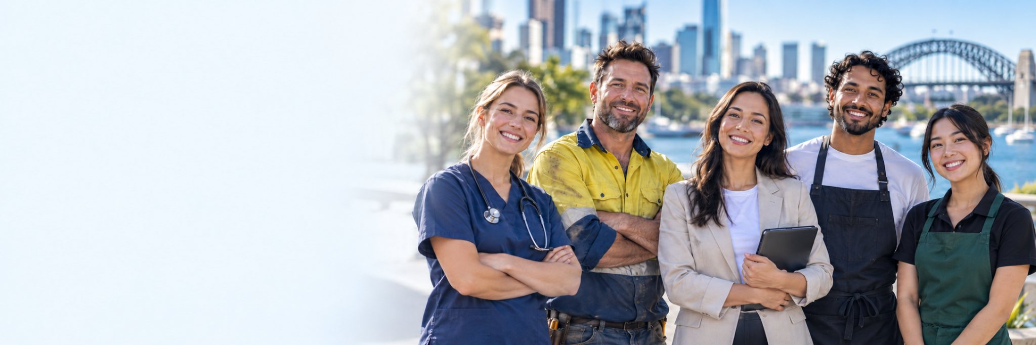 Australian workers from different industries beside Sydney Harbour